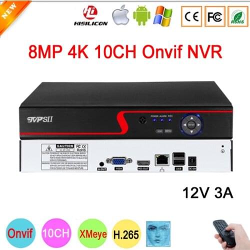 12V 3A Hi3536E 8MP 4K XMeye Surveillance Video Recorder Face Detection Max 14TB Audio H.265+ 10CH 10 Channel Onvif CCTV DVR NVR