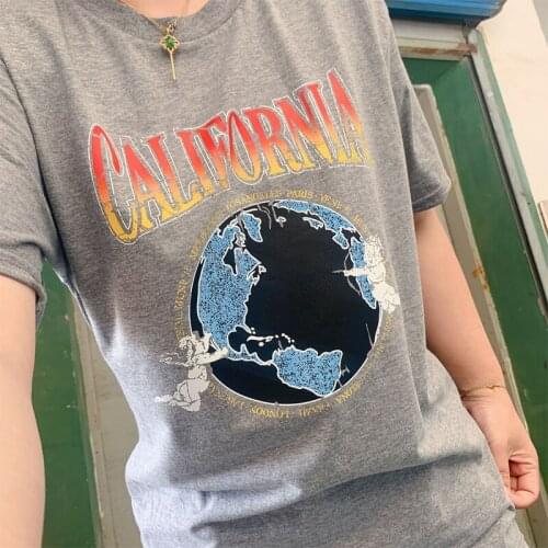 2021 Summer New Angel Earth California Printed Women 100% Cotton Tshirts Dark Grey Round Neck Short Sleeve Loose Ins Fashion Tee