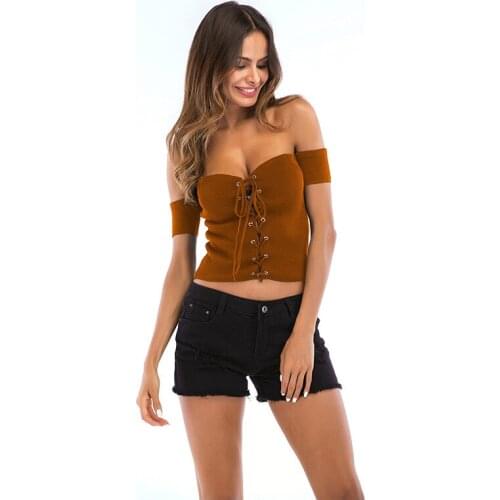 YYFS 2019 New Sexy T-shirt Wrapped Chest Cross Straps Strapless Halter In Section Knitted Solid Color Cotton Woman Tshirt Top