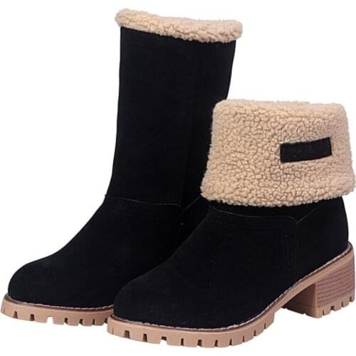 Womens Boots Ladies Winter Round Toe Shoes Flock Warm Slip-On Outdoor PU Leather Short Bootie Snow Boots Botas Mujer 35-43