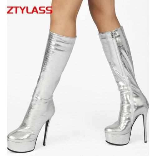 2021 Fashion Gold Silver Patent Leather Knee High Boots Women Shoes Sexy Platform 15CM Super High Heel Woman Boots Autumn Winter