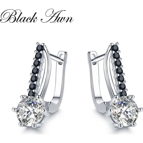 Black Awn Hot Sale Genuine 925 Sterling Silver Round Engagement Hoop Earrings for Women Black Spinel Stone Jewelry Bijoux I119