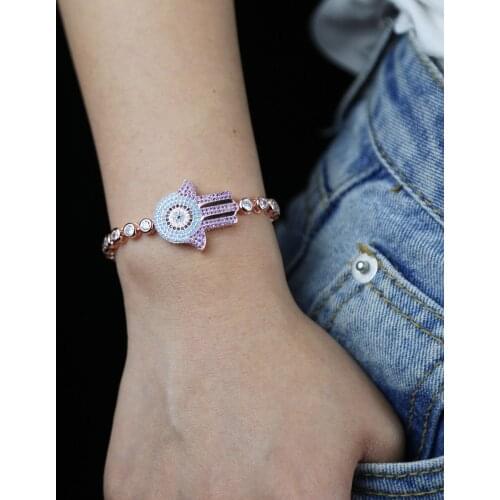 New Rose Gold Color Blue Purple CZ paved Turquoises Stone Adjust Tennis chain bracelet for women Lucky Hamsa Hand Bracelet