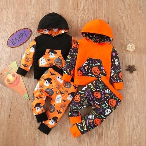 0-24M Newborn Baby Boy Girl Long Sleeve Hooded Tops Pumpkin Print Long Pant Trouser 2PCS Outfits Halloween Clothes Set