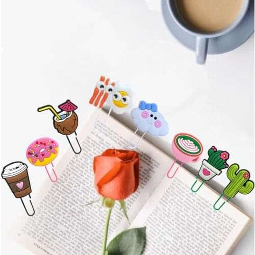 8Pcs Cute Cactus Coconut PVC Bookmarks Coffee Reading Paper Clips School Office Stationery Page Holder for Teacher Students Gift