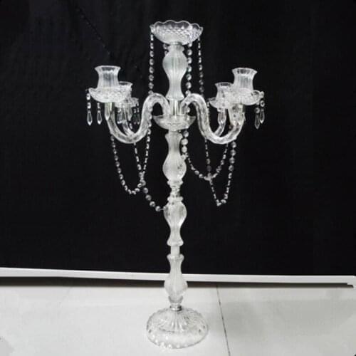 New arrival 90cm height Acrylic 5-arms metal candelabras with crystal pendants wedding candle holder centerpiece 1 lot=8 pieces