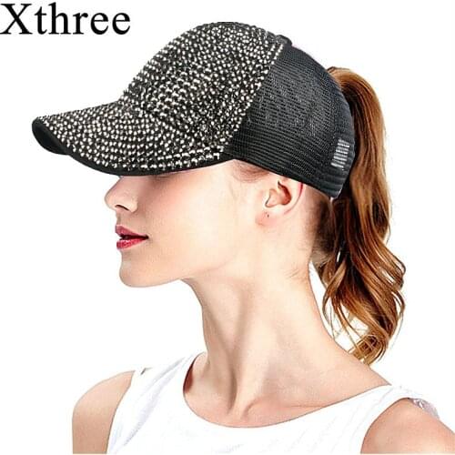 Xthree Summer Rhinestone Ponytail Baseball Cap Mesh Hats For Women Girl Messy Bun Casual Baseball hats Gorras hats