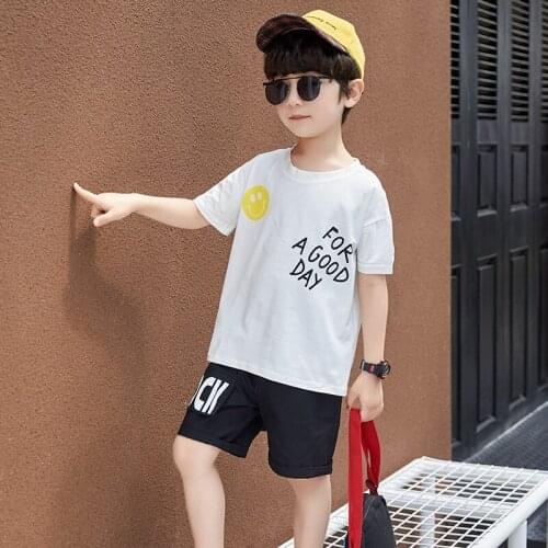 Kids boys sports suit 2pcs cotton short-sleeved T-shirt printing letters smiling face five pants summer new big virgin suit