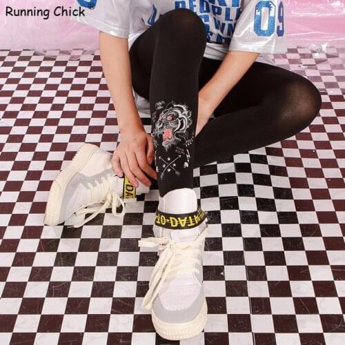 RUNNING CHICK Tiger Head Totem Print Women Black Thin Pantyhose Wholesales
