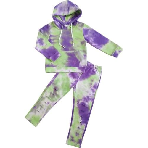 New Arrival terry cloth 2pcs hoodie purple and green tie dye set for baby girl kids boutique clothing