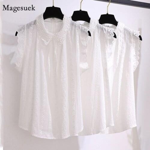 Korean Lace Style Women Top Summer Versatile Doll Collar Casual Shirt Women 2021 Sleeveless Ruffled Women Tops and Blouse 14661