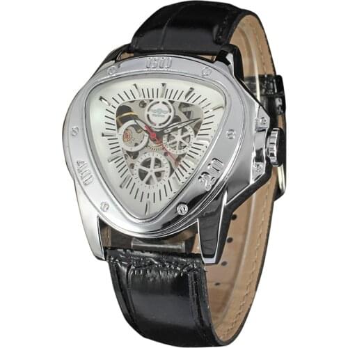 WINNER Quartz Unique Triangle Screw Engraved Scale Perspective Wheel Pattern Design Watch Casual Men Women Leather