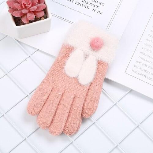 Cute Rabbit Ear Knitted Gloves Touch Screen Thicken Winter Warm Women Gloves Full Finger Soft Stretch Knit Mittens