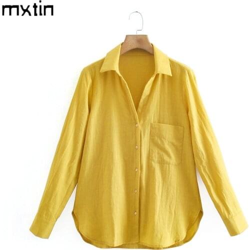 MXTIN 2021 Women Spring Vintage Solid Yellow Blouses Fashion Turn-down Collar Long Sleeve Female Shirts Blusas Casual Tops