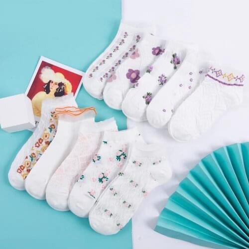 5 pairs Cute Jacquard Yellow Floral Lace Lady Girls Short Socks Lovely Cotton Women Ankle White Invisible Pink Dress Student Sox
