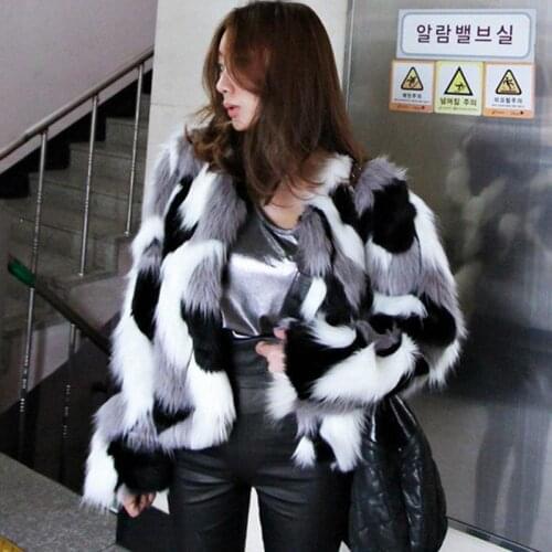 Autumn Winter New Imitation Fur Jacket Coat Big size Womens Loose Round Neck Short Ladies Mixed Color Coat Size S-6X Outerwear