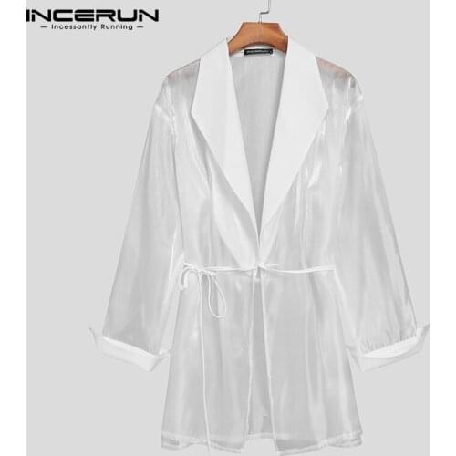 INCERUN Men Mesh Blazer Transparent Sexy Lapel Long Sleeve Lace Up Party Nightclub Suits Men 2021 Streetwear Fashion Jackets 5XL