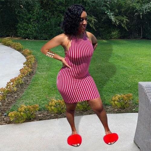 TNNAOFF Sexy Striped Print Bodycon Dress for women Summer fashion Sling Sleeveless Backless one piece Club lounge wear Dresses