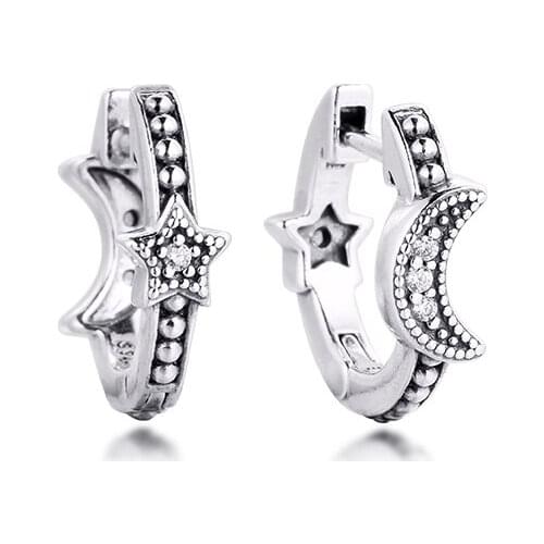 Crescent Moon & Stars Beaded Hoop Earrings 100% 925 Sterling Silver Jewelry Free Shipping