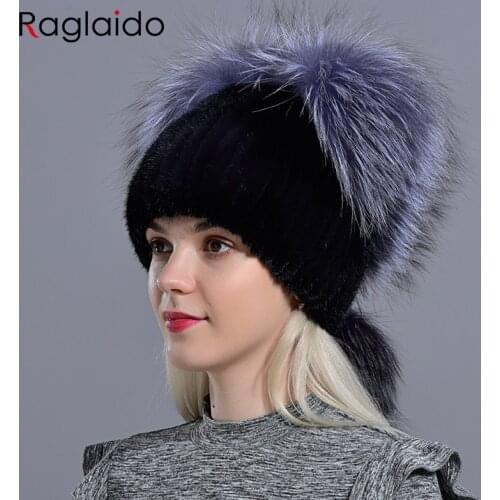 Raglaido woman mink hats natural fur fox ears hats knitted beanies stylish warm comfortable fashion girls pompom hat with balls