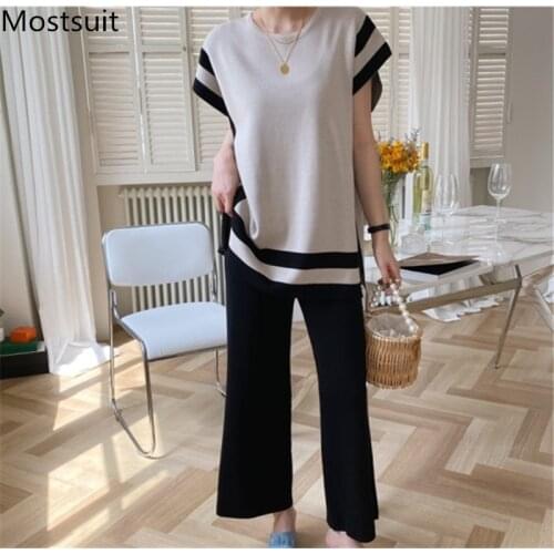 Vintage Color-blocked Knitted Two Piece Pants Set Women Short Sleeve Tops&Wide Leg Pants Matching Set Korean Elegant 2 Piece Set