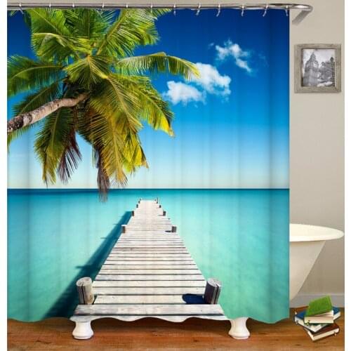 3D Sea Beach Scenery Printed Shower Curtain Polyester Fabric Waterproof Waterfall Landscape Bathroom Curtains Home Decoration