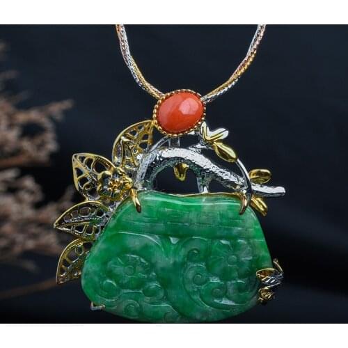 Retro Thai Silver Jewelry High-end Custom Creative Hand-made S925 Sterling Silver Hand-set Jade Pendant And Brooch Dual-use