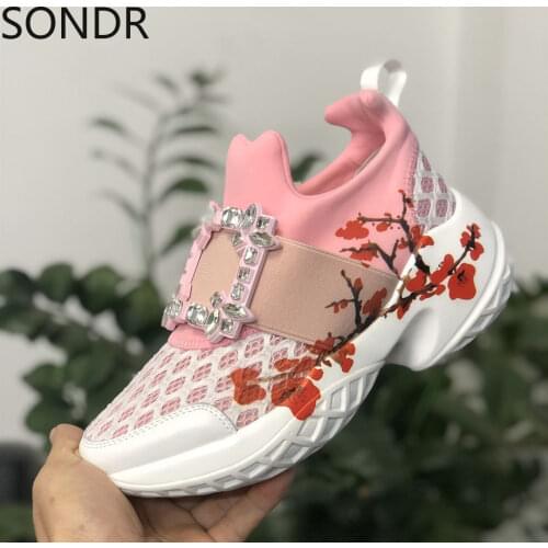 Womens Printed Floral Rhinestones Buckle Sneakers Mesh Sport Breathable Hidden Heel Shoes Real Leather 5Colors New 2021