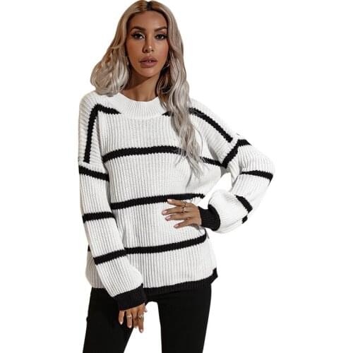 Women Loose Casual Round Neck Sweaters Spring Fall Long Sleeve Striped Print Cable Knit Tops Pullovers Jumper Tops Female Coat