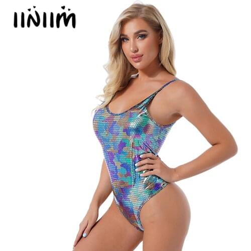 Womens Snakeskin Printed Scoop Neck Leotard Clubwear Metallic Shiny Faux Leather Spaghetti Strap Rave Bodysuit for Pole Dancing