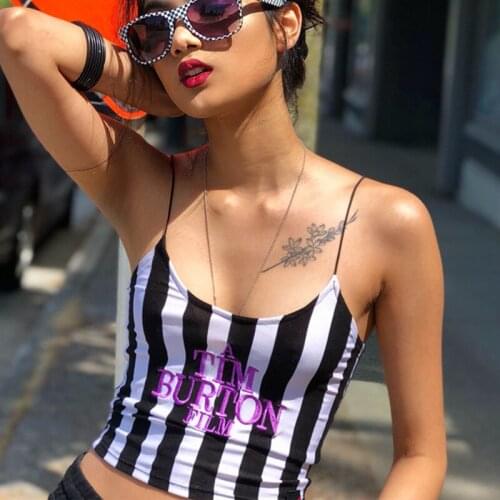 Letter Embroidery Camis Women Sexy Crop Top 2021 Summer Sleeveless Skinny Camisole Black White Stripe Vests Tee TIM BURTON FILM
