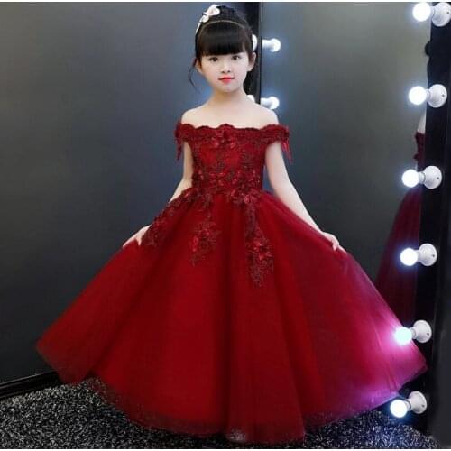 2018 New Girl Wedding Dress Elegant Red Lace Shoulderless First communion Dress Girl Party Princess Dress Flower Girl Vestidos