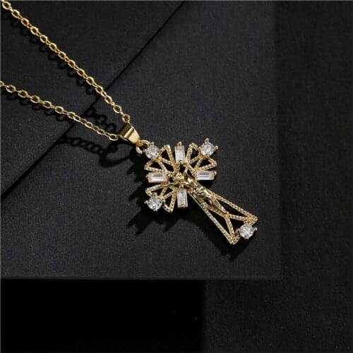 2021 New Hot Gold Color Hollow Design Jusus Cross Pendant Necklace For Women Luxury CZ Christian Jewelry 20713