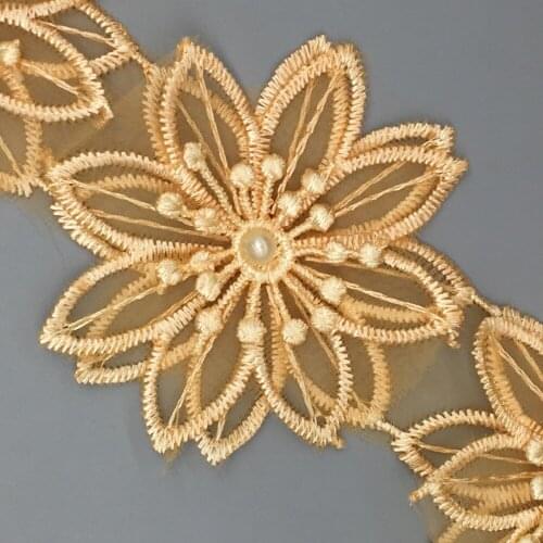 10x Gold Cotton Pearl Flowers 3D Embroidered Lace Trim Ribbon Fabric Handmade DIY Wedding Dress Sewing Supplies Craft 7x7cm