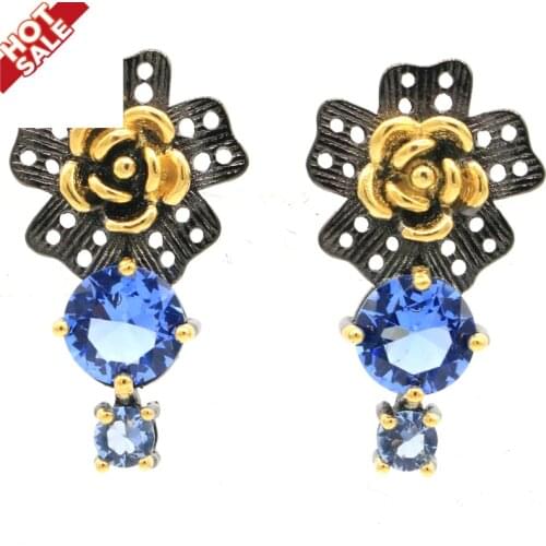 28x15mm Unique Neo-Gothic 5.7g Created Pink Morganite Violet Tanzanite For Ladies Cool Black Metal Silver Earrings Punk Hollow