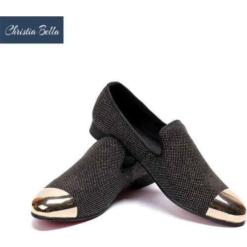 Christia Bella Luxury Shoes Men Casual Leather Loafers Black Glitter Crystal Zapatos Hombre Gold Metal Cap Party Wedding Flats