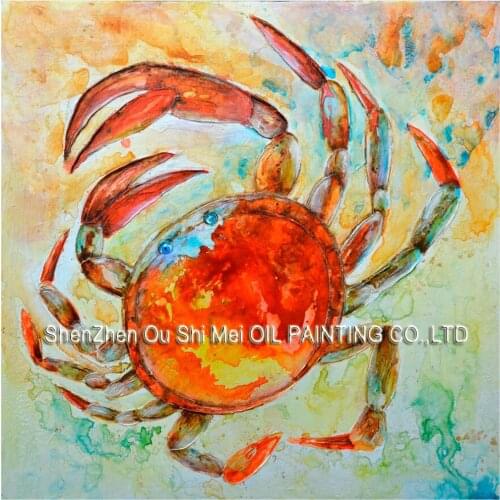 Water Colour Animal Home Decor Wall Art Handmade Crab Oil Painting on Canvas Seafood Restaurant or Kitchen Decoration