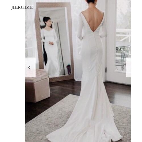 JIERUIZE White simple mermaid Wedding Dresses Long Sleeves buttons backless Boho Bride Dresses Wedding Gowns