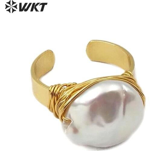 WT-R340 wholesale 5 pieces natural wire wrapped pearl Ring pole star round teardrop random shape Rings New Design gold Jewelry