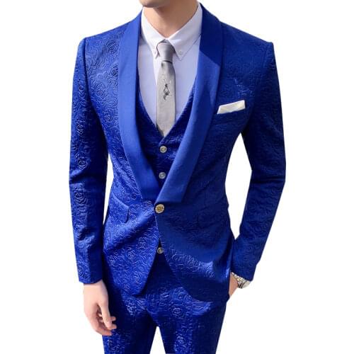 Blazer Vest Pants 3PCS Embossing Suit Set / Mens High End Luxury Banquet Dress Dinner Groom Wedding Jacket Trousers Waistcoat