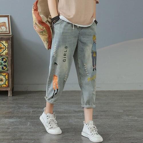 Korea Fashion Spring Women Jeans Cartoon Embroidery Loose Denim Harem Pants Elastic Waist Vintage Hole Calf-length Pants