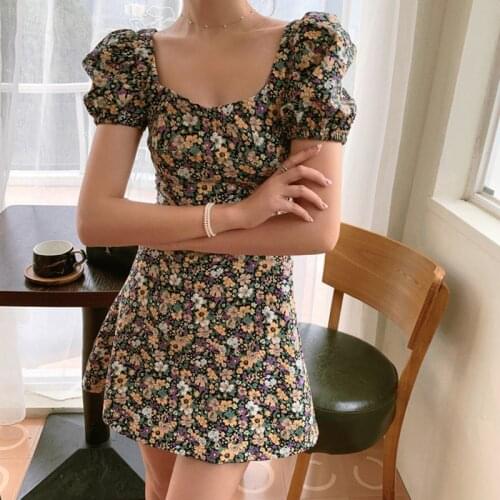 Summer Dress Retro Boho Women Casual Chiffon Printed Neck Floral Mini Sexy Dress Elegant Puff Sleeve Dresses Korean Vestidos