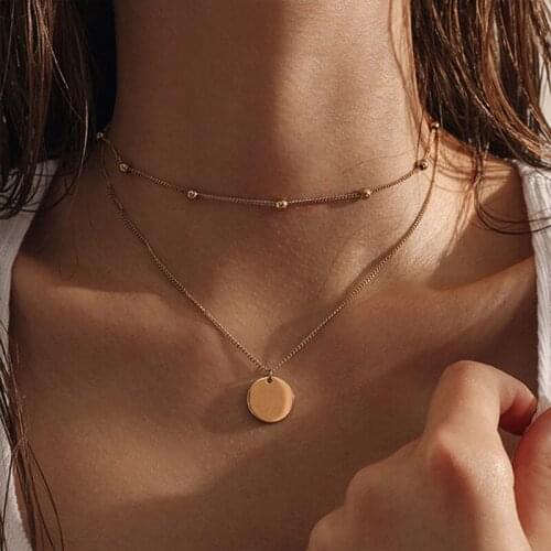 Multilayer Moon World Map Pendant Necklace Lady Round Vintage Bohemian Coin Collar Jewelry Lady Multilayer Necklace