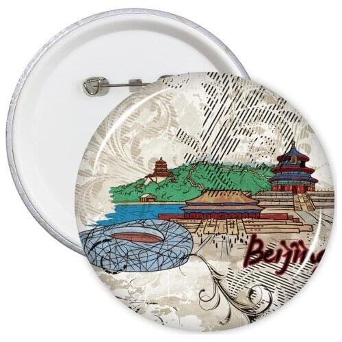 Hand-painted Tian An Men Bird Nest Beijing Cultural Elements Round Pins Badge Button Clothing Decoration Gift 5pcs