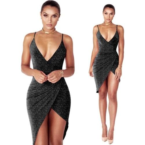 New Womens Summer Fashion Sexy Deep V Neck Sling Sleeveless Irregular Nightclub Mini Dress Printed Casual Stretch Slim Dress