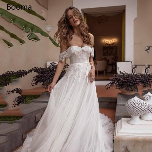 Simple Ivory Chiffon Wedding Dresses 2020 Sweetheart Off the Shoulder Lace Top Bride Dresses Appliques Sashes A-Line Bridal Gown