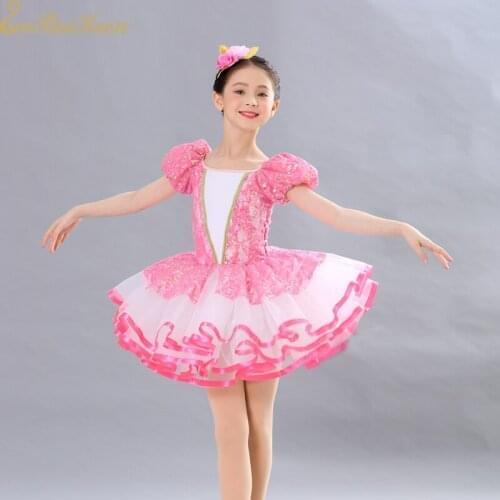 Girl Pink Tutu Ballet Dress Princess Dress Professional Ballet costume Women Short/long sleeve Sequins Dance Dress For Children