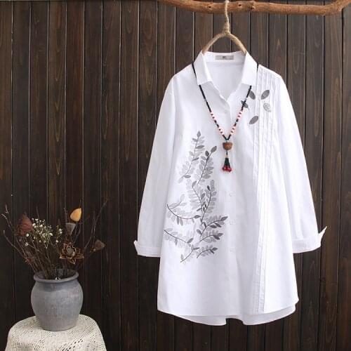 Plus size Cotton Embroidery women loose long white shirts 2019 spring autumn NEW casual ladies blouse female tops oversize