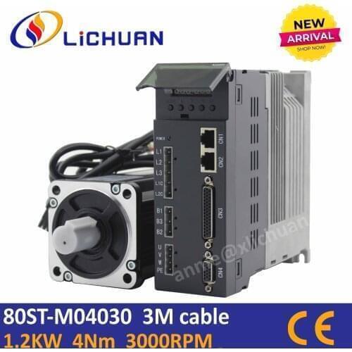 Free shipping Lichuan 1.2kw servo motor 80ST-M04030 with driver kit Frame 80mm 4Nm servo engine 3000rpm for CNC kit