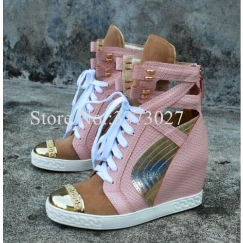 Fashion Metal Toe Pink Leather Woman Wedge Shoes Sexy 8cm Increasing Heel Casual Shoes Female New Platform Dress Shoes Dropship